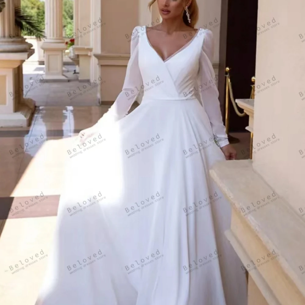 

Simple Wedding Dresses Graceful Bridal Gowns A-Line V-Neck Full Sleeves Robes For Formal Party Elegant Vestidos De Novia 2024