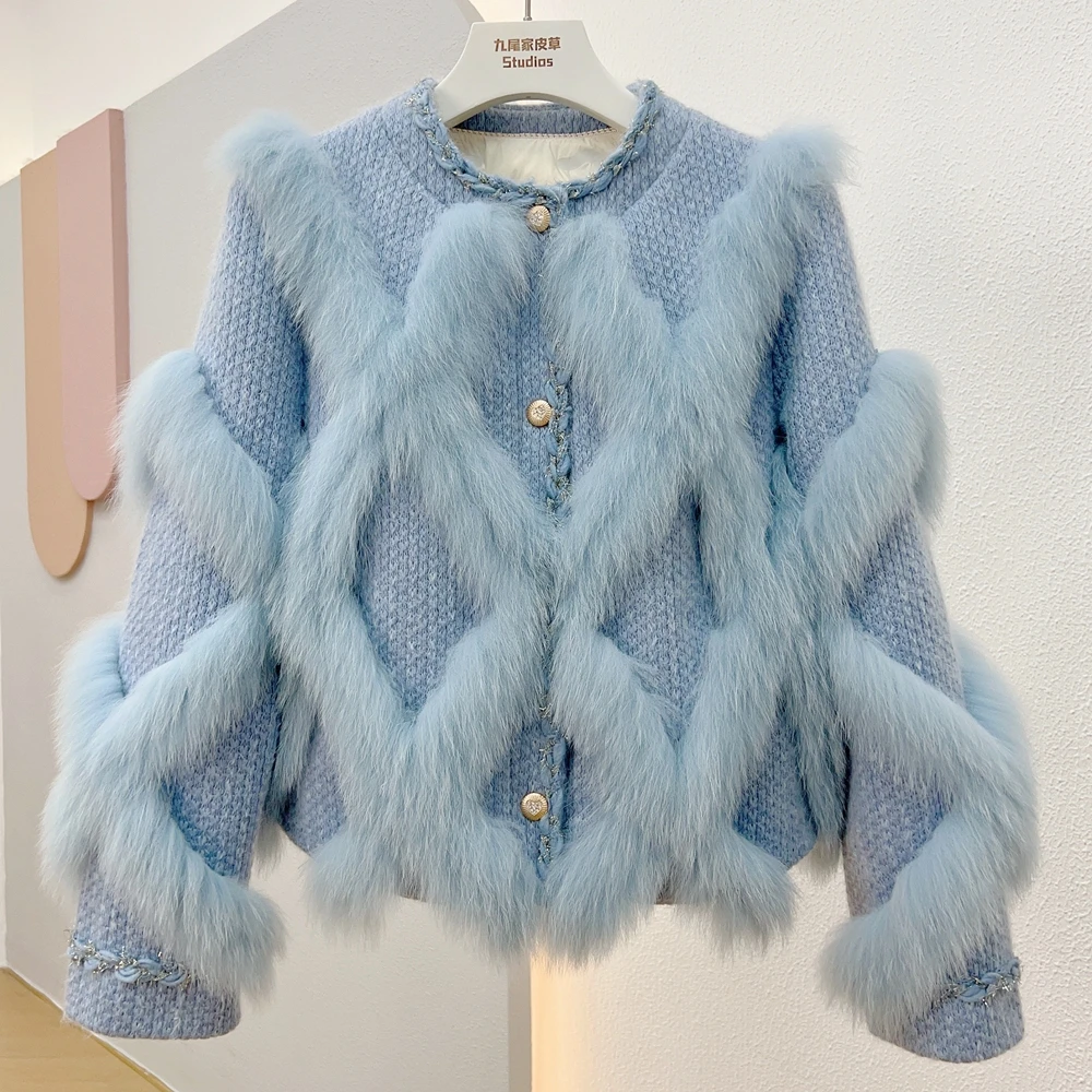 

MENINA BONITA 2023 New Real Fur Coat Winter Jacket Women Natural Fox Fur Fluffy Weave Knitted Sweater Single Breasted Streetwear