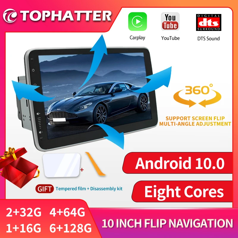 Android 10 Car Radio 1 DIN 10' Universal Stereo GPS WIFI 4G Video Multimedia Player Rotatable Screen 1080P |