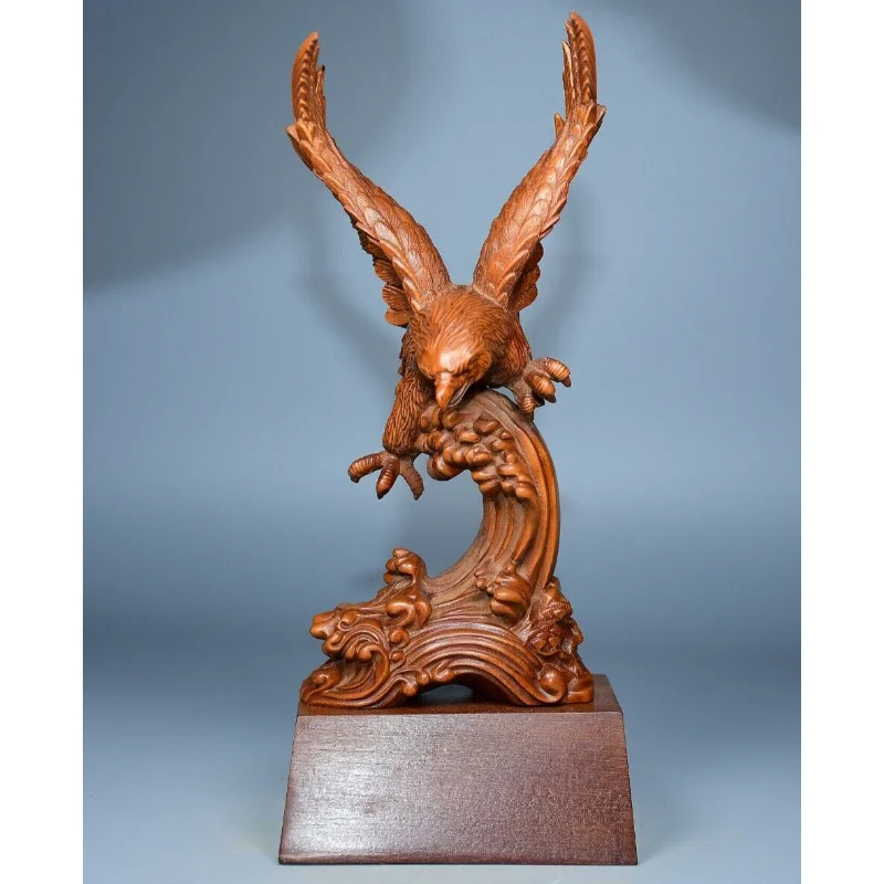 

7.9" Collection Chinese Box-wood Carving Animal Hawk Sea Wave Statue Craft Gift Decoration Home Decore