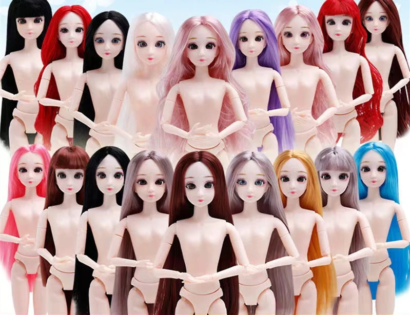 32CM 1/6 BJD Doll 12 Movable Jointed 3D eyes Straight and Curved Multi-colored Hair Dolls Toys For Girls Naked Doll Body