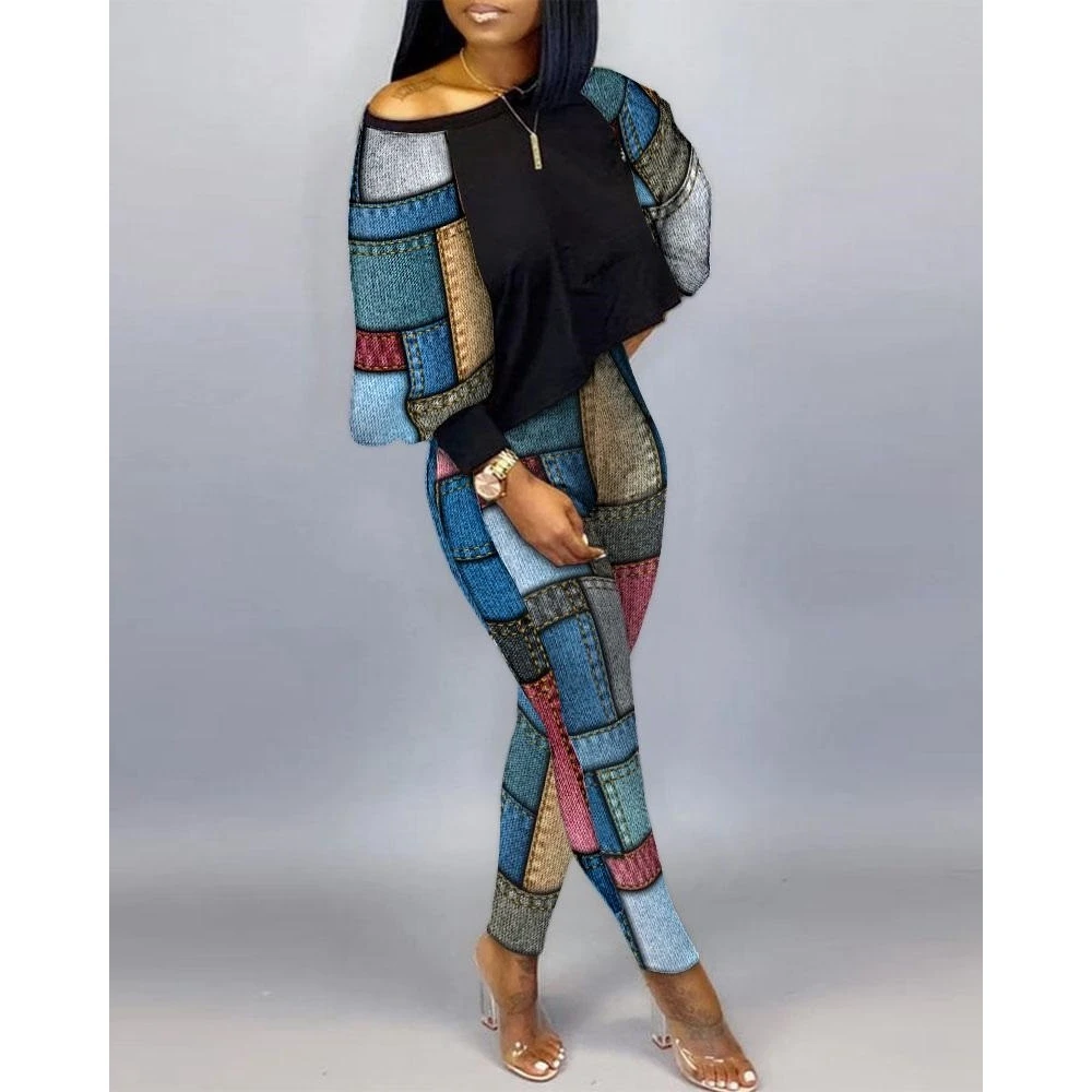 Women Long Sleeve Casual Geometric Print O-neck Top & Skinny Pants Set Sporty Two Pieces Long Sleeve Tracksuit 2023 Spring y2k
