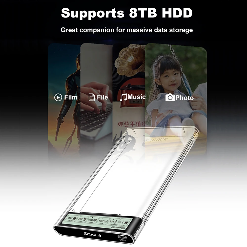 케비두메이 스마트 디스플레이 HDD 케이스 2.5인치 투명 HDD 인클로저 USB C 외장 HDD 쉘 SATA HDD SSD 스토리지 케이스 (노트북 PC용)
