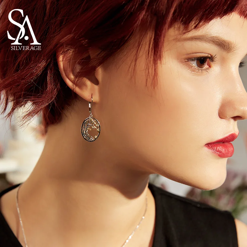 SA SILVERAGE 925 Sterling Silver Yellow Gold Color Jewelry Sets for Woman Life Tree Pendant Necklaces Drop Earrings Sets