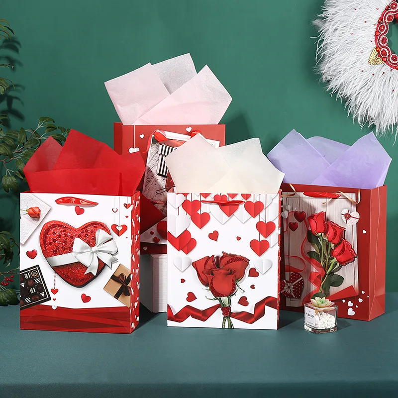 

12pcs Thicken Love Handheld Paper Bags Valentine's Day Gift Bag Rose Flower Gift Box Packaging Bag Wedding Party Candy Bags