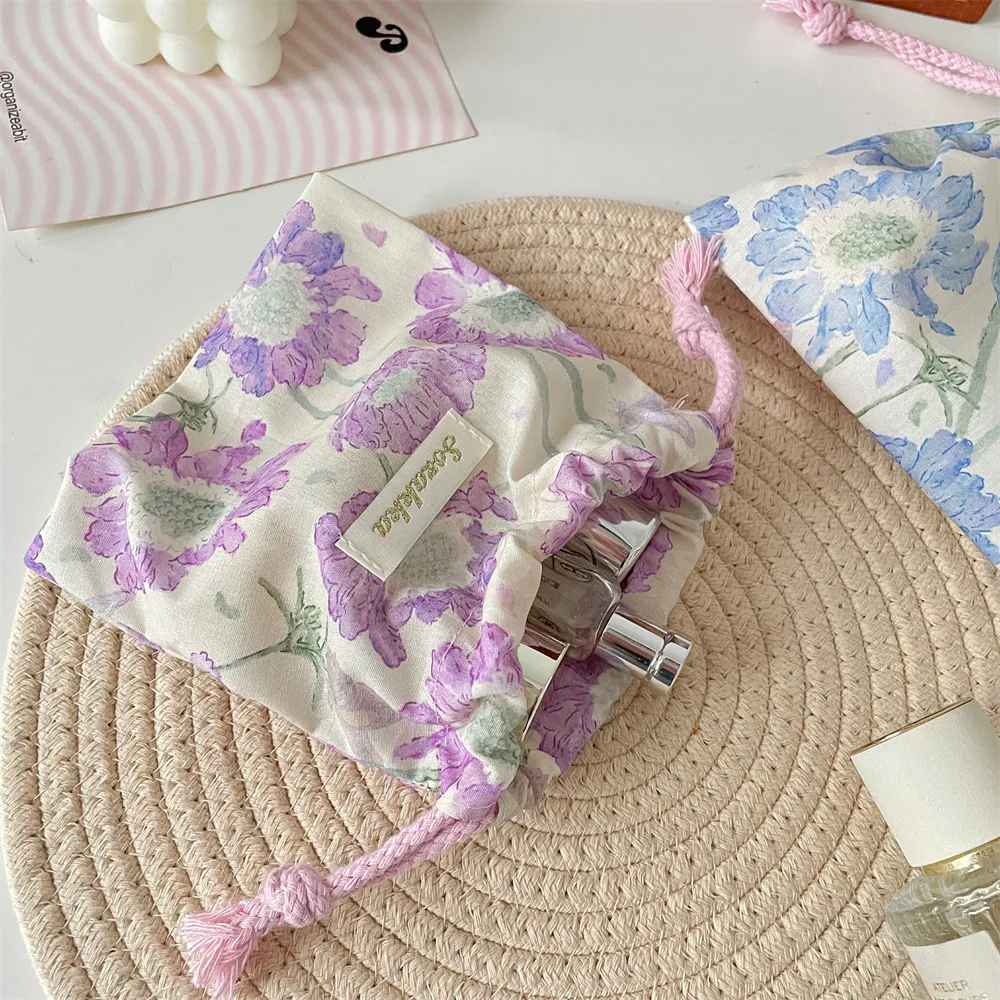 Floral Drawstring Bags Women Large Capacity Cosmetic Bag Makeup Pouch Large Capacity Coin Purse Jewelry Storage Box