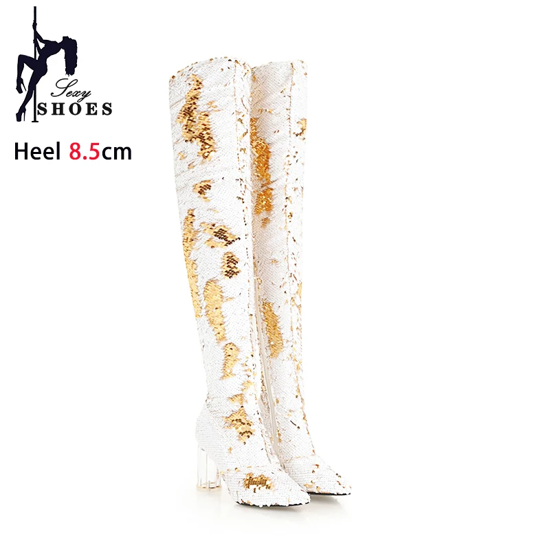 Women Fashion Pointed Toe Long Boots Nightclub Over The Knee Winter Shoes Female Crystal Chunk High Heels Bling Thigh High Boots