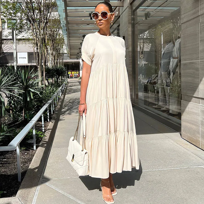 

Elegant Ruffles Maxi Shirt Dress Women Summer Short Sleeve A-line Long Dresses Loose Casual Shift Dress Vestidos De Verano Mujer