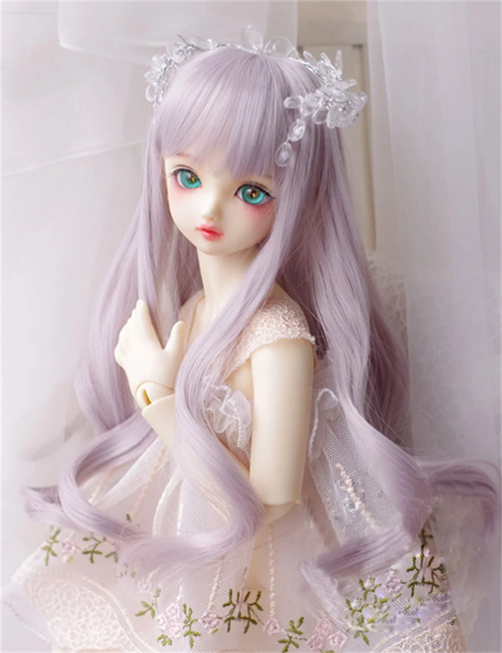 7-8" 1/4 BJD Doll Long Wig Hair Wavy Curly Tips Light Shimmer Purple Bangs Cute 