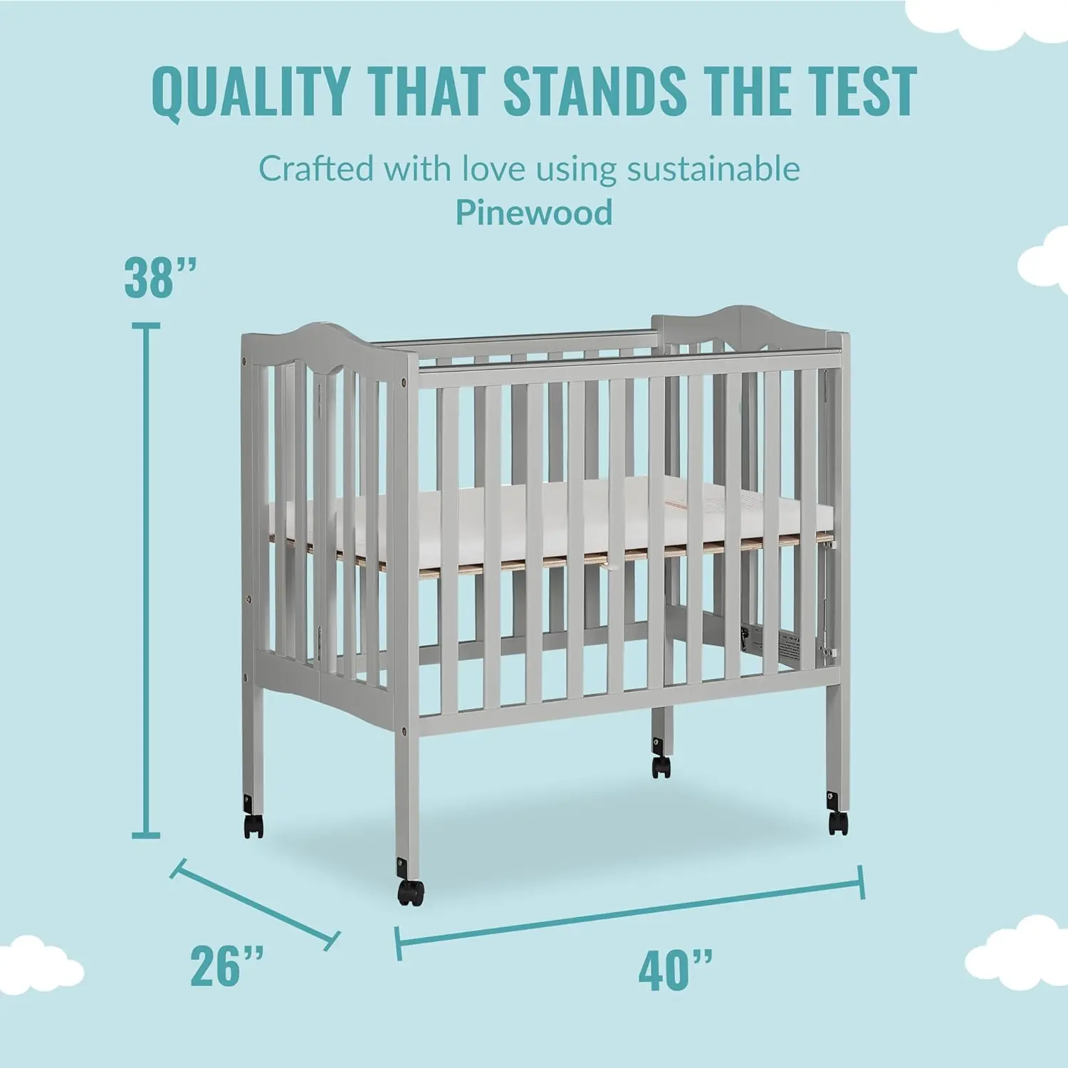 2-in-1 Lightweight Folding Portable Stationary Side Crib in Pebble Grey, Greenguard Gold Certified, Baby Crib to Playpen