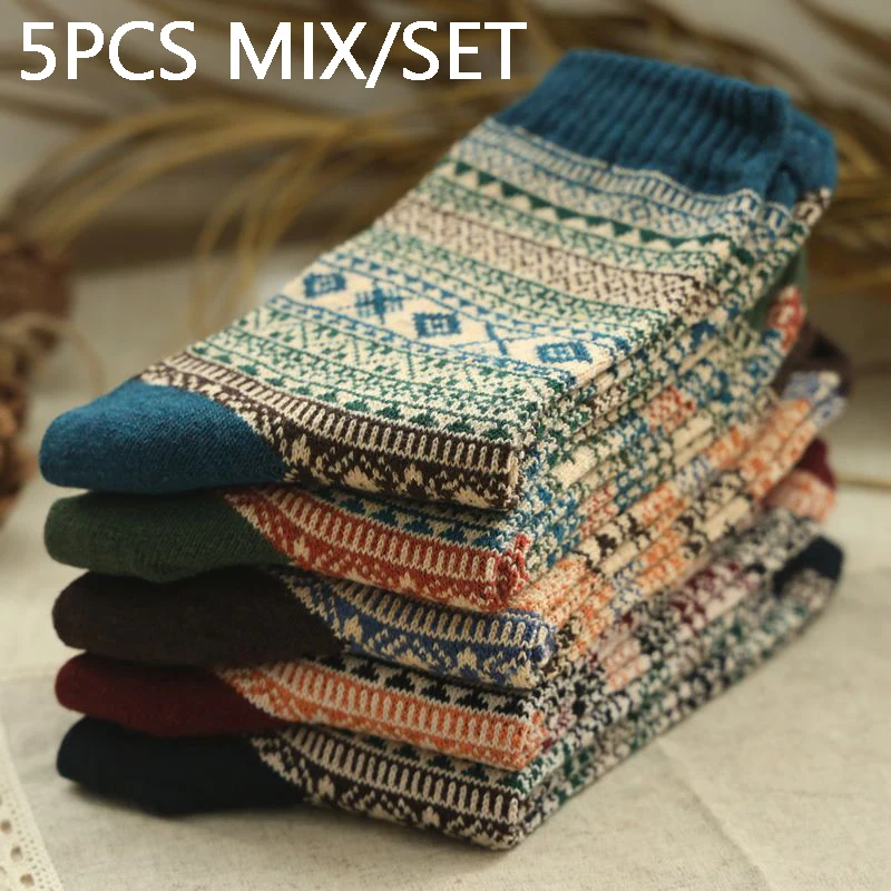 Description Picture 6 of item5pairs Soft Comfortable Medium Tube Socks Summer Thin Thick Line Rhombus Ethnic Style Stockings