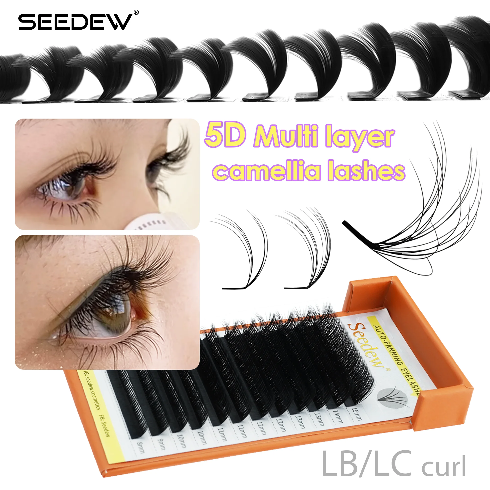 SEEDEW LB/LC Curl 5D Mehrschichtige Kamelien-Wimpernverlängerungen Flauschige und Voluminöse 5D Manga-Wimpern Volumenfächer Einzelwimpern