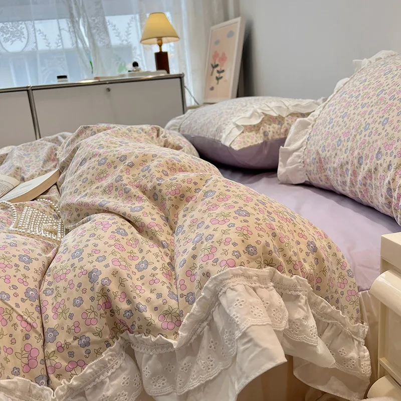 

Romantic 100%Cotton Twin Bedding Elegant Pink Purple Floral Duvet Cover Set White Lace Ruffle 1.2/1.5/1.8m Bedskirt Pillowcases