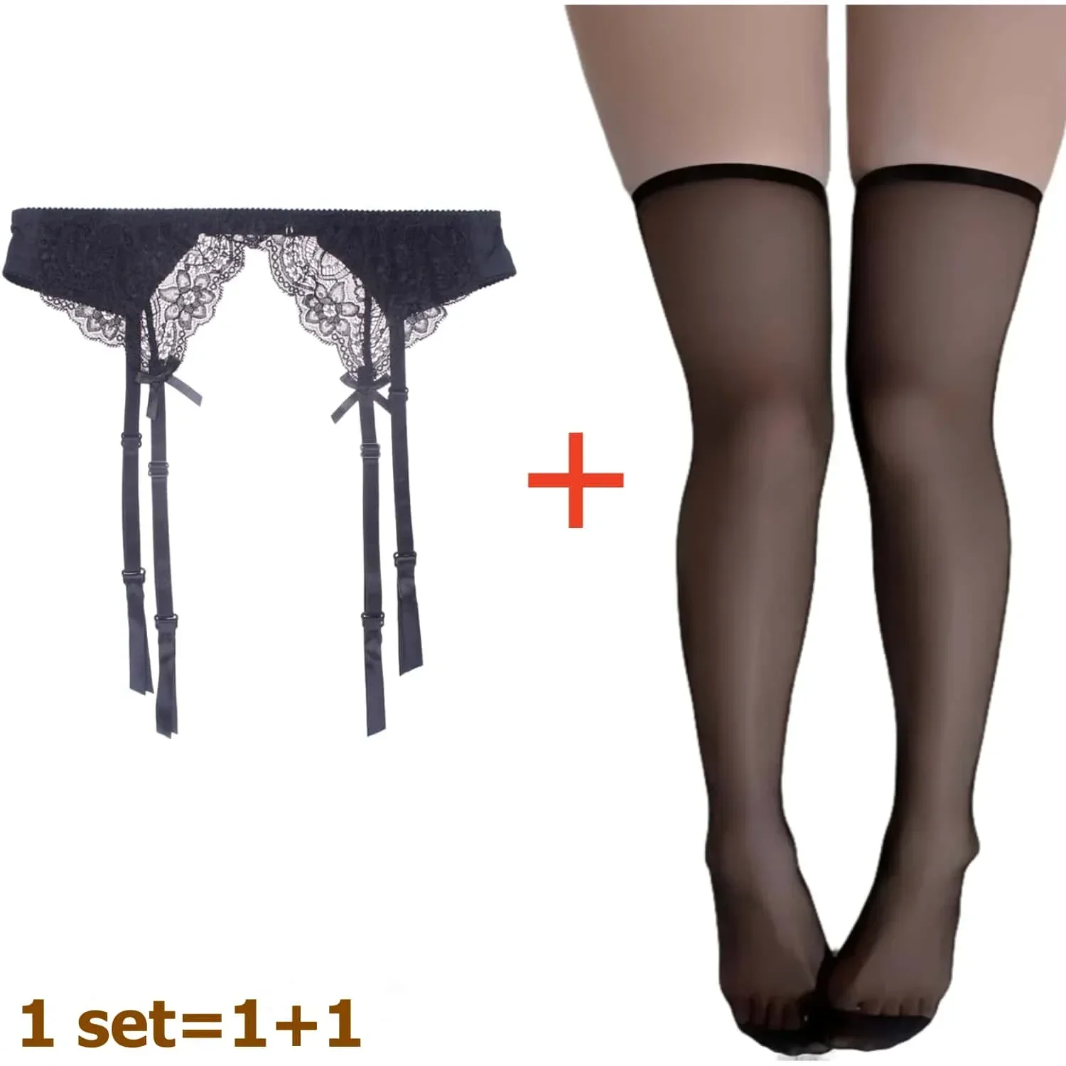 2PCS SET Sexy Woman Bowknot Fishnet Suspender Garter Belt Lace black Stockings Plus Size Thin High Waist Pantyhose Socks Tights