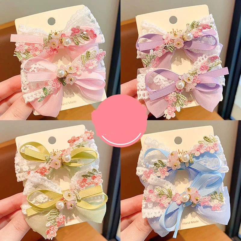 2개 세트 귀여운 진주 리본 꽃 자수 헤어핀  여자아이용 달콤한 리본 모양 오리혀핀 어린이 바레트 요정 머리 장식