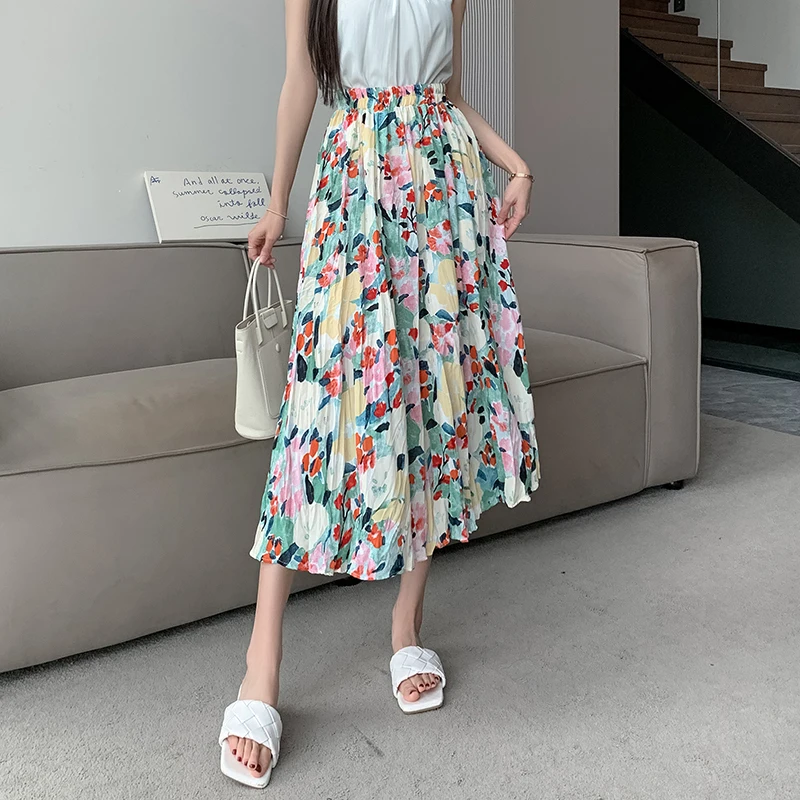 

2024 New Elastic Waist Cute Small Flowers Bohemian Midi Skirt Women Spring Summer Elegant Lady Folds Skirts Female Dropshipping