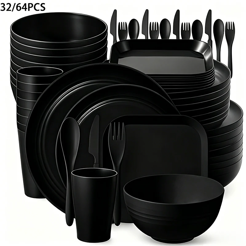 32/64pcs Wheat Straw Cutlery Set Bulk Plates Lightweight Dishes Cups Cutlery Dishwasher Microwave Safe For Camping Picnic 1