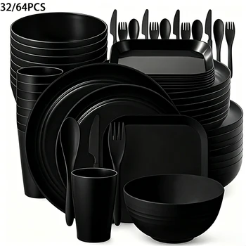 32/64pcs Wheat Straw Cutlery Set Bulk Plates Lightweight Dishes Cups Cutlery Dishwasher Microwave Safe For Camping Picnic 1