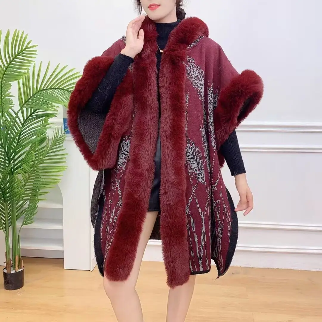 2023 New Winter Thick Warm Oversize Cloak Women Printed Long Faux Rabbit Fur Loose Poncho Big Sleeves Cape Tassel Coat With Hat