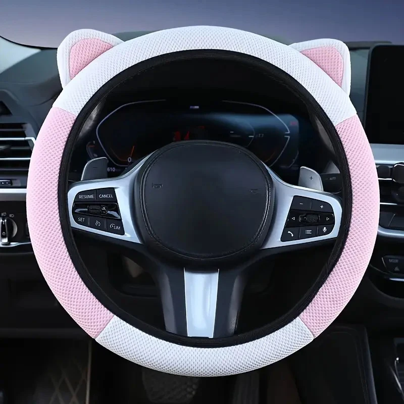 Cartoon Cat Ears Anti-Slip Steering Wheel Cover - Sweat-Absorbent, Breathable, and Wear-Resistant