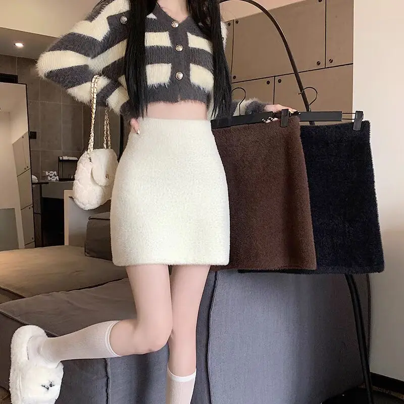 Soft Knitted Skirt for Women Autumn Winter Cute Solid Color High Waist A-line Skirt Plus Size Korean Fashion Clothing Female