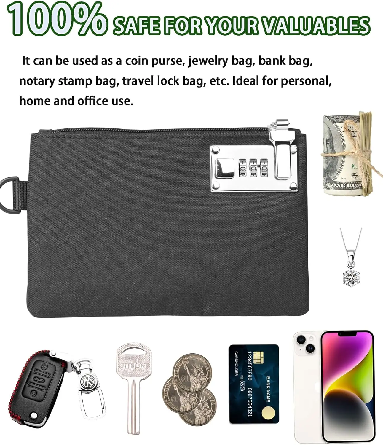 Money Bags With Zipper, 5x8 Inches, Money Pouch, Cash Bag Coin Purse Bank Zipper Travel Cash Jewelry Passports Credit Cards Black - View #6