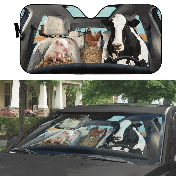 

Funny Farm Animal Cow Hen Pig Chicken Design Gloss Sunshade Heat Reflector Easy to Install Sunshade for Windshield Car Sun Shade