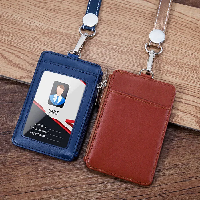 

NEW Genuine Leather ID Badge Holder with Neck Strap Name Tag Id Card Lanyard Chest Card Work Pass Zipper Bus Subway Card Holders