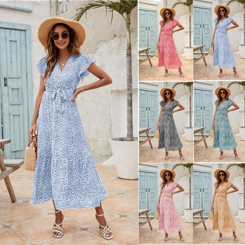 

2023 Women's Summer New Dress Pleated Bottom Short Sleeve Dress Casual Beach Dress Regulari Fit women dress