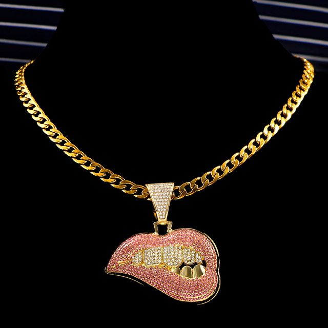 Hop Bite Lip Shape Full Rhinestones Cuban Chain Necklace for Men Women Iced Out Zircon Tennis Chain Necklace Punk Jewelry