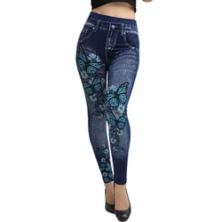 Seamless Slim Leggings Women Faux Denim Jeans Butterfly Leggings Fitness Workout Pocket Printing Pencil Pants Sports Jeggings