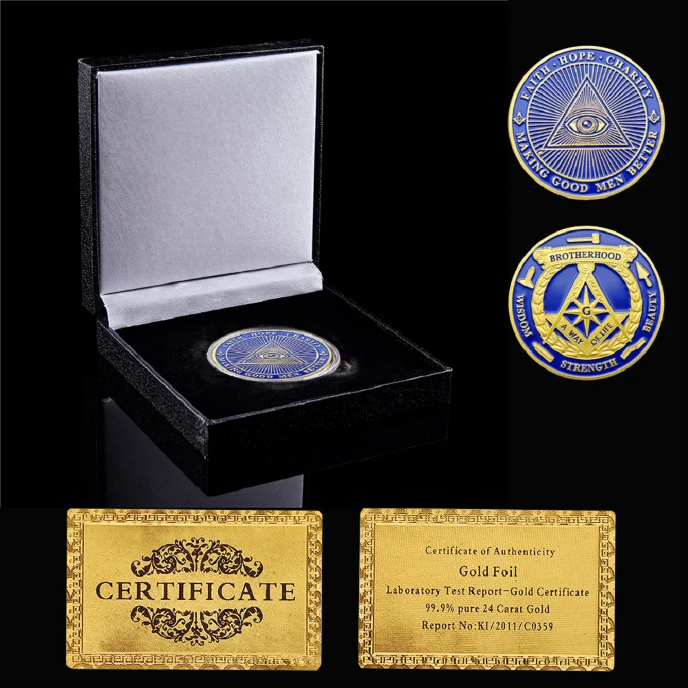 

2023 Freemasonry Brotherhood Masonic Faith Hope Charity Making Good Men Better Round Challenge Gold Coin W/ Decoration Box