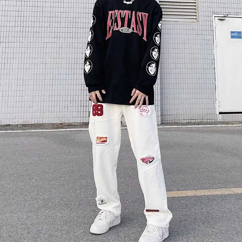 Vibe Patch Embroidery White Hip Hop Men Cargo Jeans Pants Y2K Clothes Multiple Pockets Straight Baggy Long Trousers Ropa Hombre