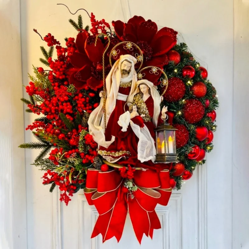 Description Picture 5 of itemRed Wreath With Lamp Bow Ball Big Flower Navidad Party Christmas Wall Door Window Fireplace Staircase Balcony Garden Decoration