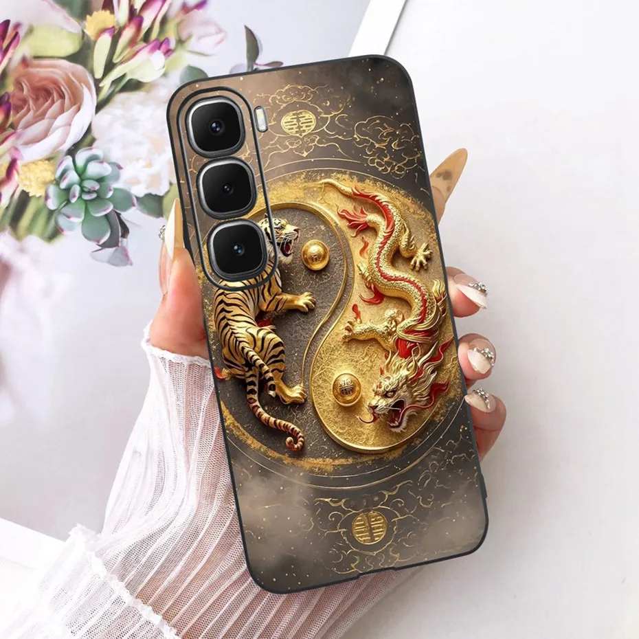 Enhanced Black Silicone Soft Phone Case with Cool Dragon, Wolf, and Tiger Design