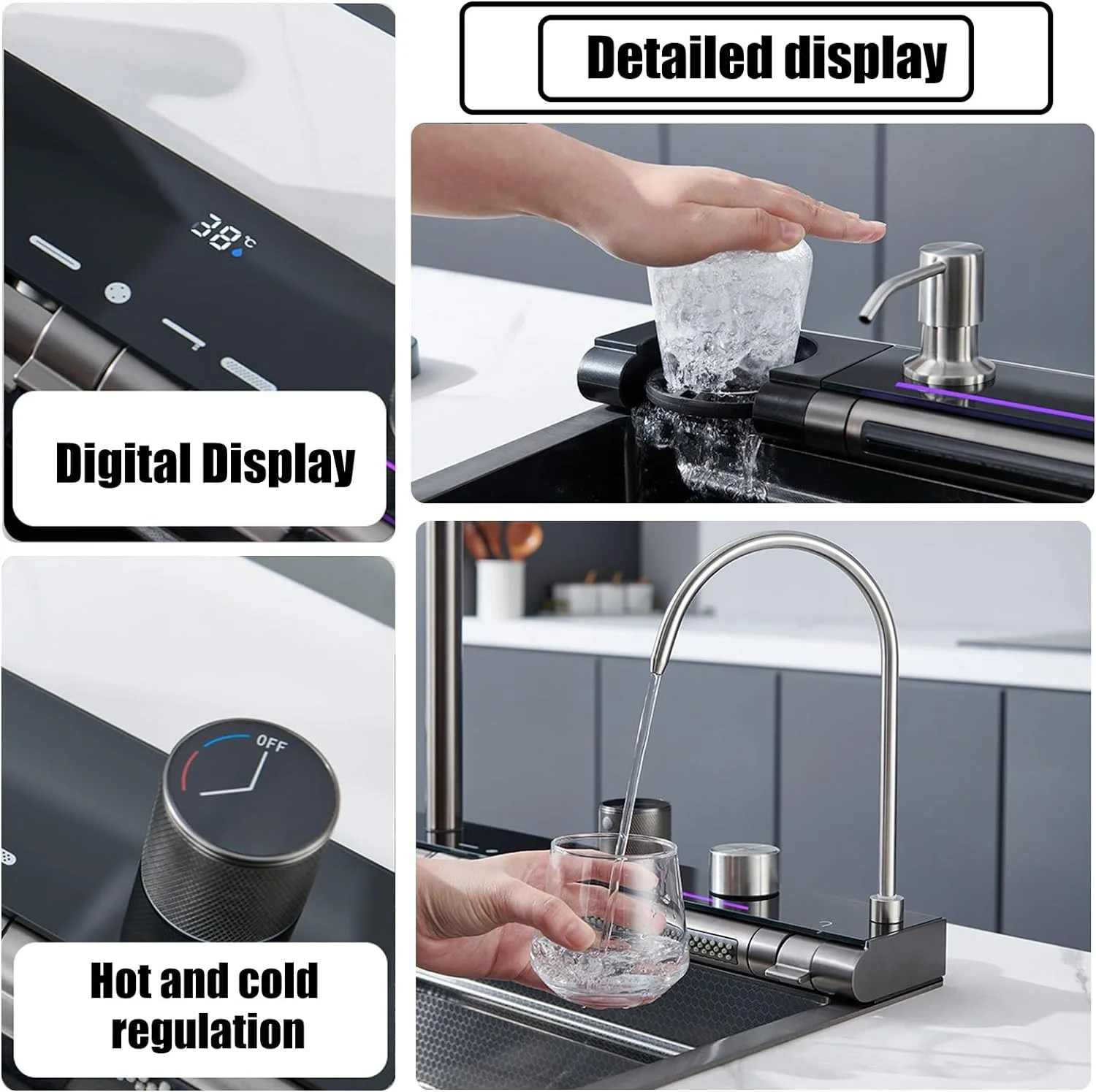 Kitchen Sink Digital Display Embossed Large Single Groove honeycomb Nano Raindance Waterfall Sink 29.5 INCH