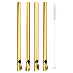 Stainless Steel Reusable Straw & Spoon Set - Eco - Friendly Metal Drinking Straws with Cleaning Brush for Smoothies and Bubble Tea (5 - Piece) (Gold)