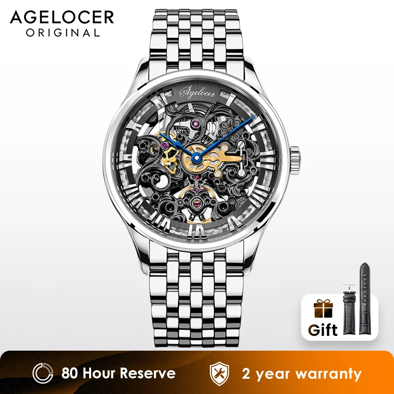 AGELOCER Original Baroque Art Carved Watch Steel Strap Men's Hollow Carved Automatic Mechanical Watch Birthday Gift for Men