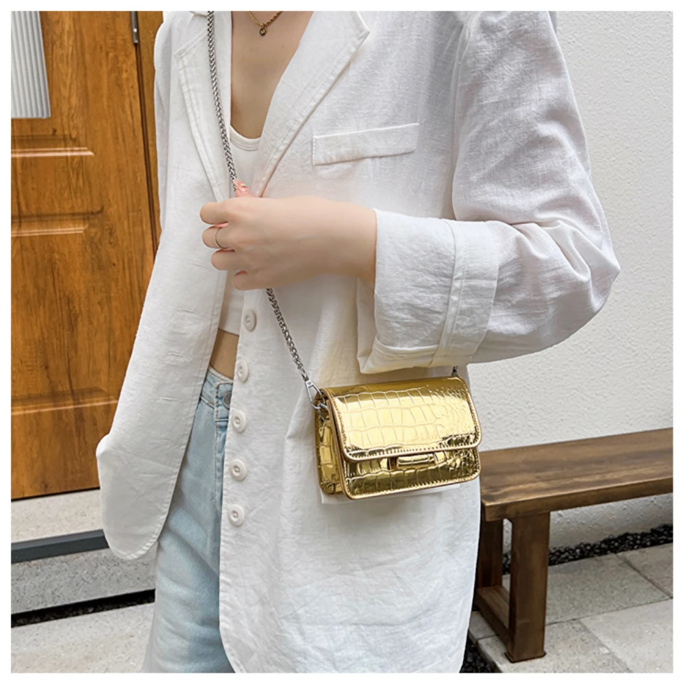 Vintage Women Silver Chic Crossbody Bag Luxury Designer Small Shoulder Bags Fashion Gold Mini Square Cute PU Leather Handbags