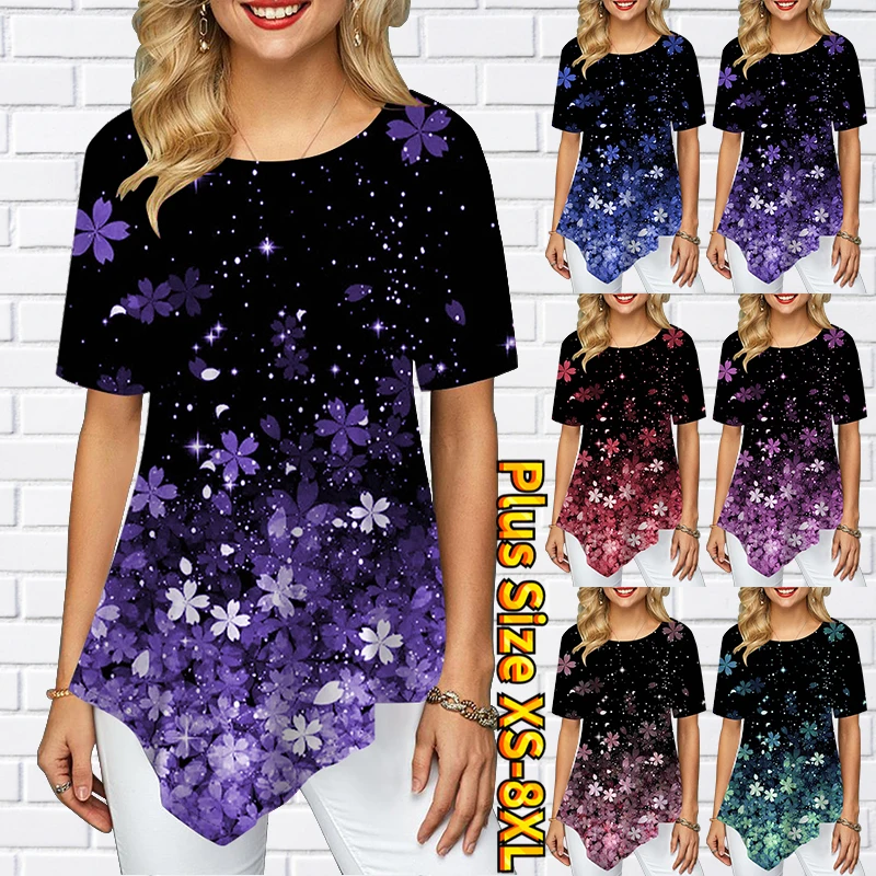 

Ladies Temperament Light Luxurious Pointed Skirt Swing Short Sleeve Women's T-Shirt Starry Floral Theme Printed Round XS-8XL