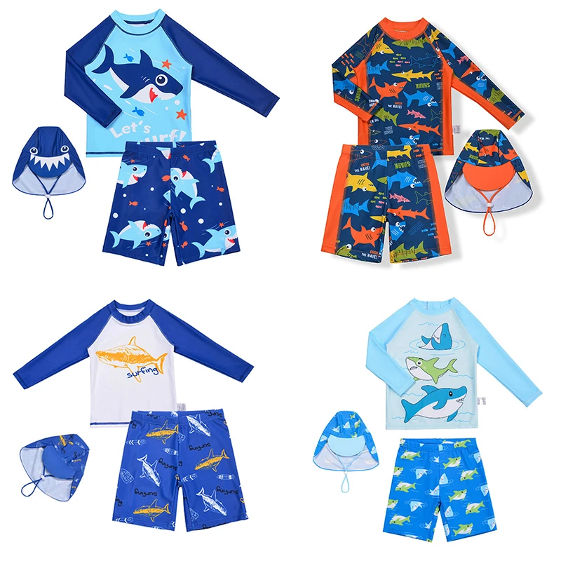 3 Pcs Boy's Swimsuit Sun Protection UPF 50+ Long Sleeve Swimming Sunsuit With Hat Split Bathing Suits Children boys swimwear