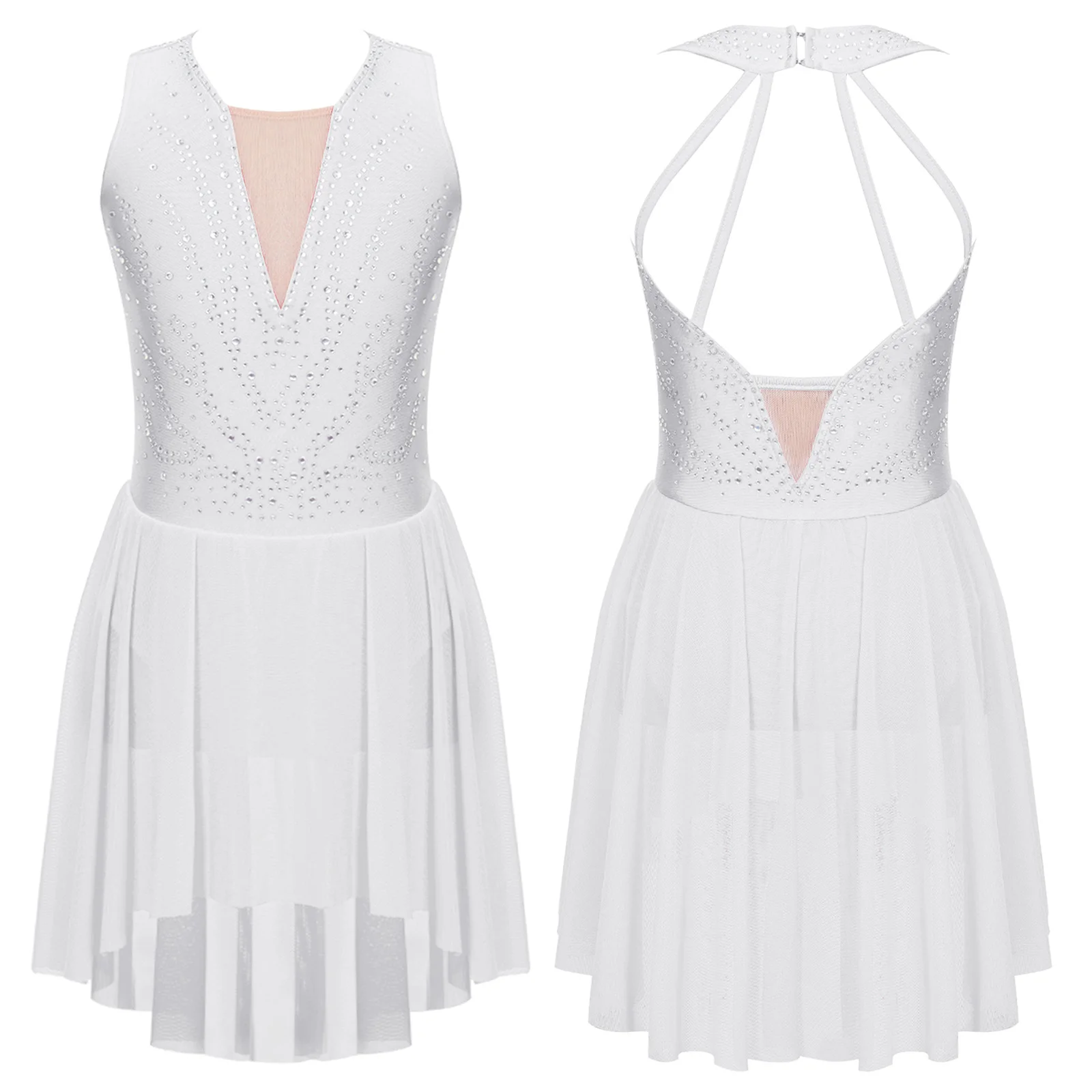 TiaoBug Kids Girls Figure Skating Performance Dress RhinestoneStrappy Back Asymmetrical Hem Sleeveless Dance Dresses