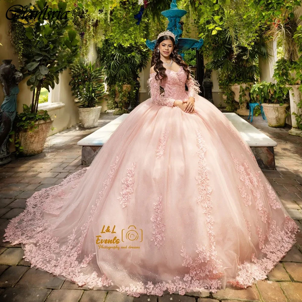 

Pink Long Sleeve Feathers Ball Gown Quinceanera Dresses Off The Shoulder Appliques Lace Corset Vestidos De 15 Años