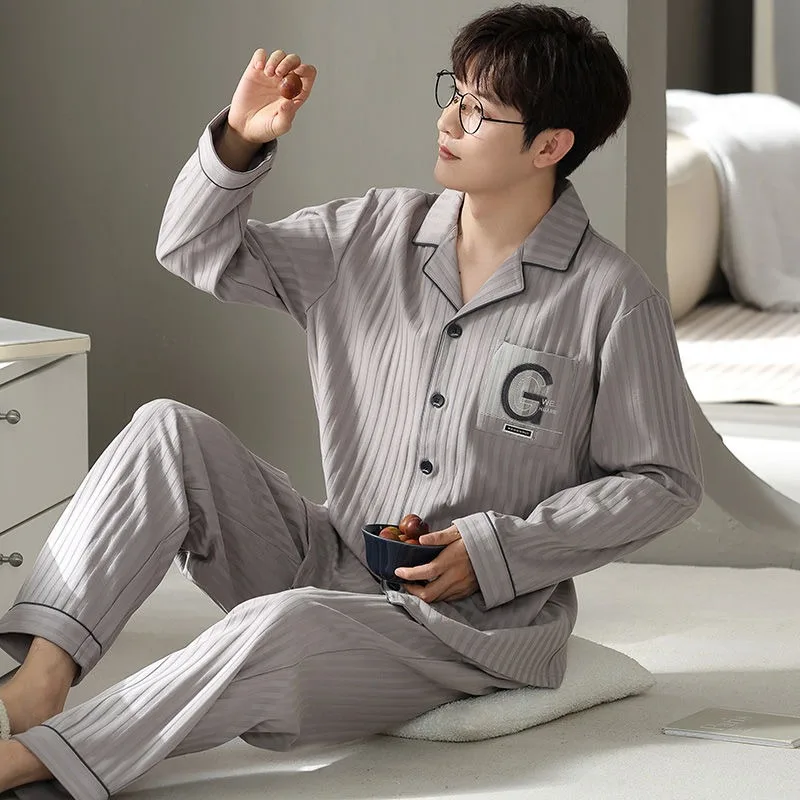 Spring New Sleepwear Men Long-Sleeved Pure Cotton Loose Pajamas Set Male Casual Large Size Solid Color Simple Homewear Suit 2024 2021 spring men pajamas long sleeve male pajama set men full cotton pajamas for men sleepwear suit homewear plus size 3xl