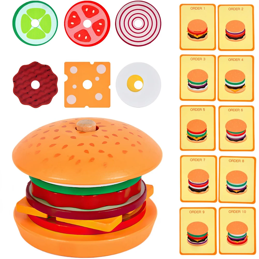 Montessori Toys for 2 3 4 5 Year Old Wooden Hamburg Sandwich Stacking Toys French Fries Matching Game Pretend Play Food Toy Gift