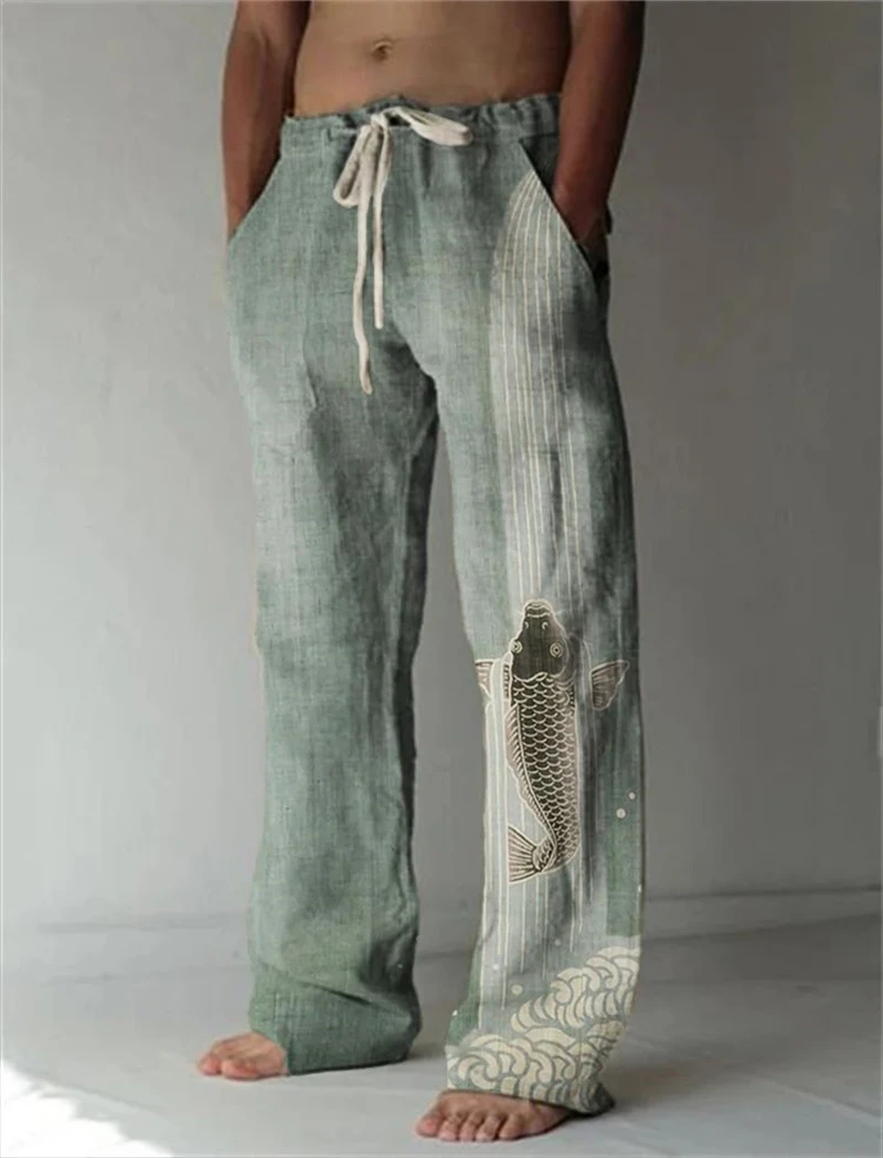 Summer men's trousers 3D printed pink cherry blossom pattern slim casual trousers Comfortable casual men's straight trousers