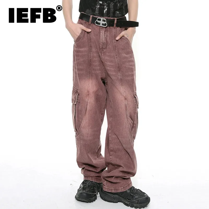 

IEFB Washed Male Jeans High Street Worn Out Gradient Color Patchwork Large Pocket Men's Denim Cargo Pants Spring New Chic 9C4508