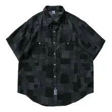  Japanese Summer Retro Set Men Women Denim Plaid Multi-pocket Short-sleeved Shirt+Loose Straight-leg Quick-drying Cargo Pants 