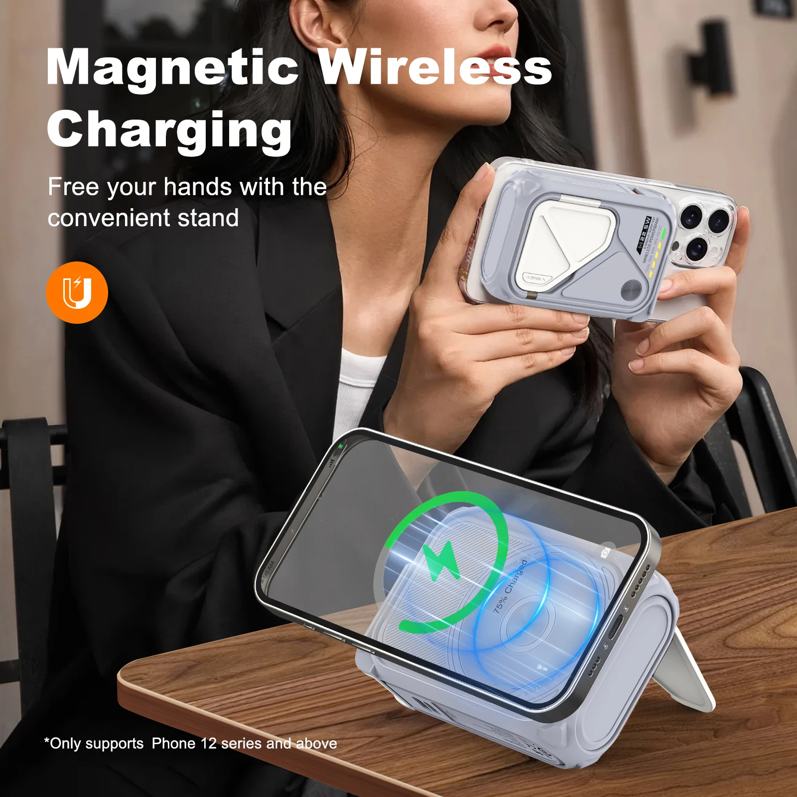 PD 22.5W Fast Charging 10000mAh Magnetic Wireless Power Bank USB Type-C Detachable Data Cable Phone Holder Emergency PowerBank 6