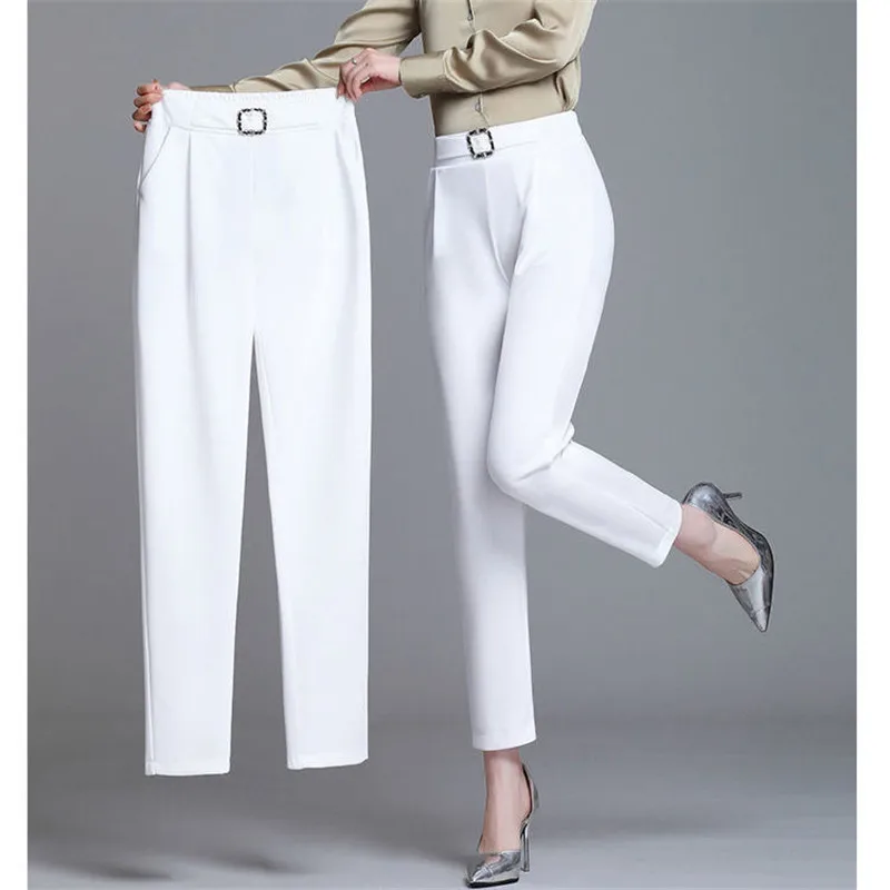 White Pants Women Elastic High-waisted Haren Pants Fashion Wild  Professional Suit Pants Office Ladies Trousers Black Khaki Pants - Pants &  Capris - AliExpress